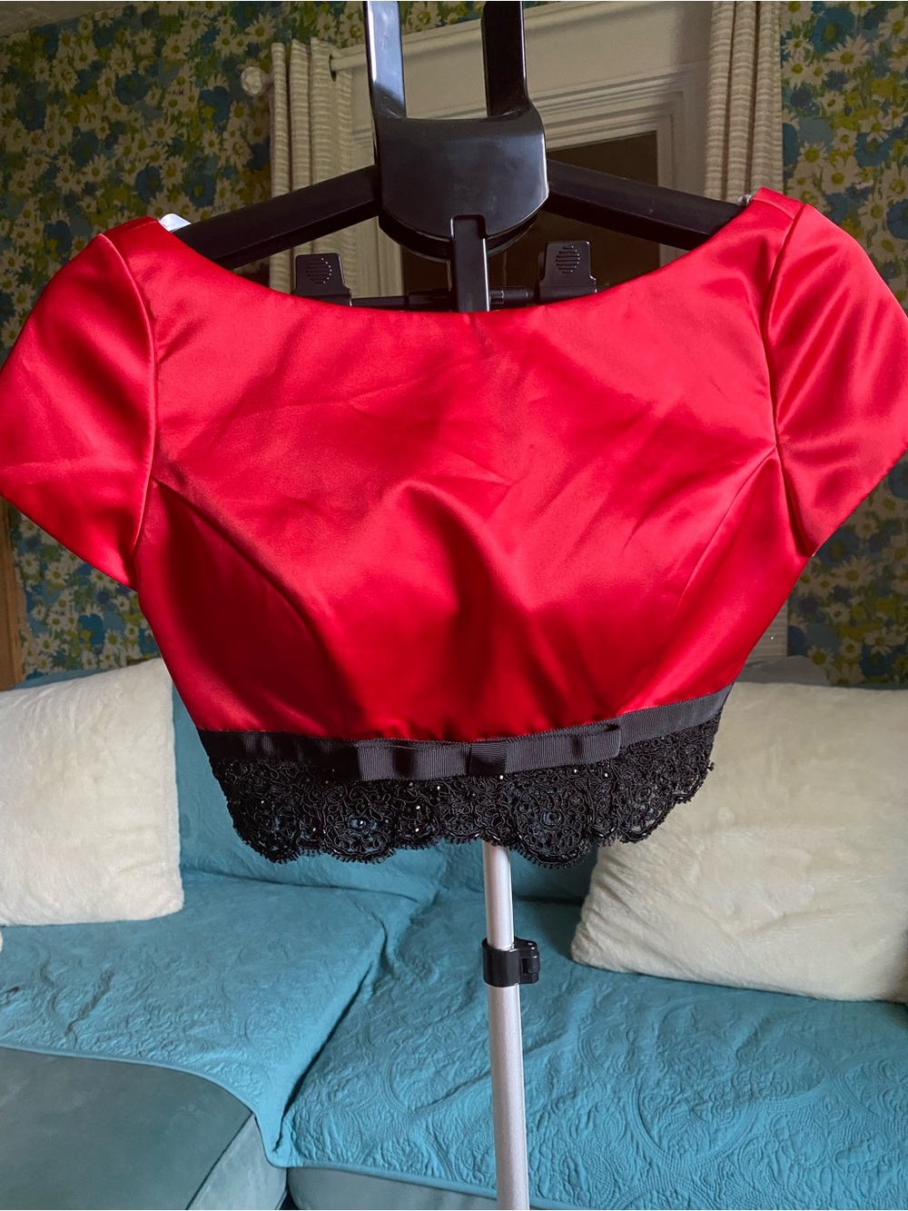 Sherri Hill Red Satin Crop Top with Black Lace Hem